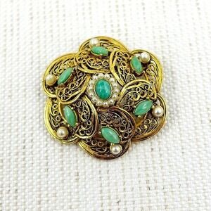 Vintage Gold Tone Dome Brooch Filigree Tiered Green Faux Pearl Victorian Revival
